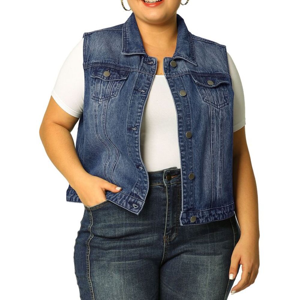 Women's Plus Size Buttons Denim Vest with Two Chest Flap Pockets Jackets Blue